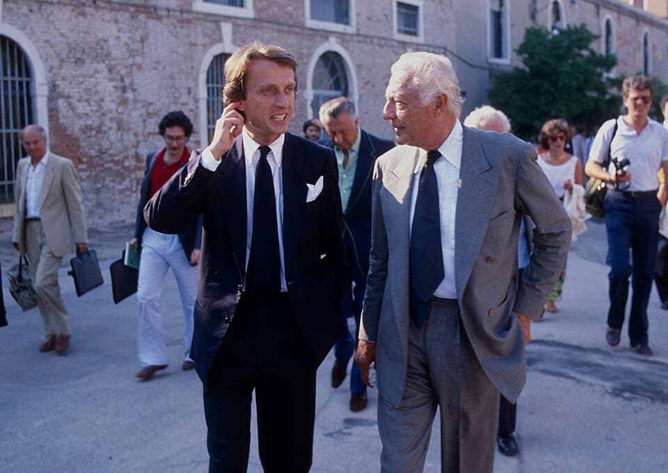 Gianni Agnelli and Luca Cordero di Montezemolo at the launch of Azzurra in July 1985.