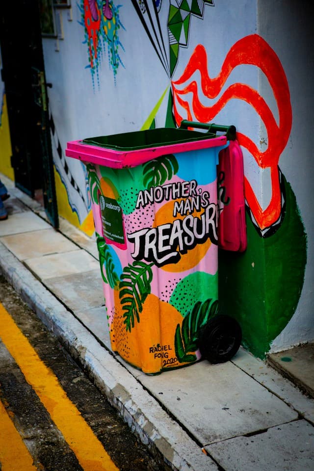 A brightly painted rubbish bin carrying the words Another Man's Treasure, photographed by Joshua Ong.