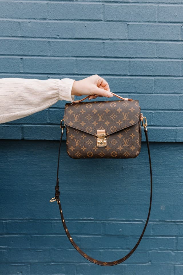 A classic Louis Vuitton monogram handbag held against a blue brick wall